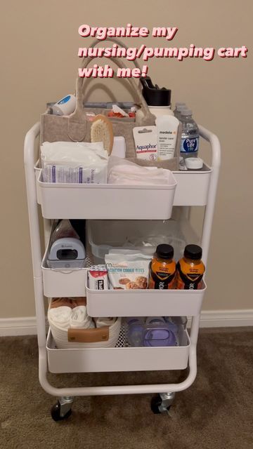 Pumping Cart Essentials, Postpartum Cart Organizer Bathroom, Bedside Nursing Cart, Nursing Caddy Essentials, Nest With Me, Pumping Cart Ideas, Nursing Cart Organization, Rolling Cart Organization Baby, Pumping Station At Home