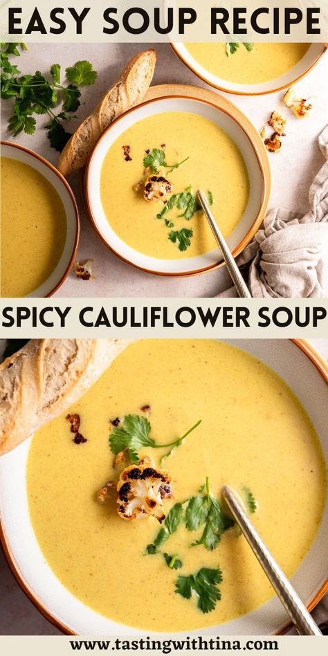 Cauliflower florets are transformed into a creamy, flavorful bowl of soup that is seasoned with a blend of ginger, turmeric, cumin, and a hint of heat from red pepper flakes and cayenne pepper. Cauliflower Red Pepper Soup, Spicy Cauliflower Soup, Cayenne Pepper Recipes, Fresh Ingredient Recipes, Turmeric Soup, Season Recipes, Spicy Cauliflower, Creamy Cauliflower Soup, Cauliflower Soup Recipes