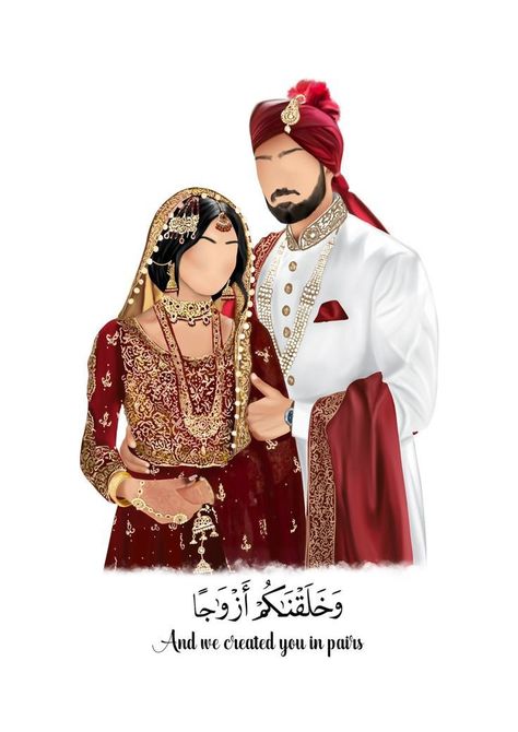 Nikah Illustration, Islamic Family, Faceless Illustration, Dress Outline, Wedding Illustration Card, Couple Illustration Wedding, Bride And Groom Cartoon, Wedding Couple Cartoon, Digital Wedding Invitations Design