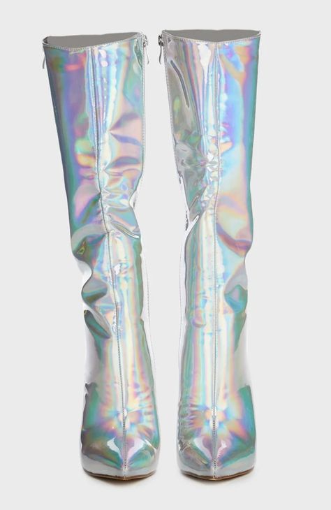 Holosexual Aesthetic Outfits, Holographic Platform Boots, Iridescent Outfit Holographic Fashion, Iridescent Outfit, Holo Shoes, Iridescent Clothing, Metallic Clothing, Alien Doll, Iridescent Fashion