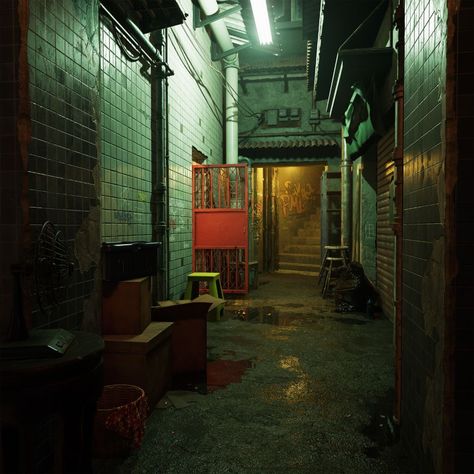 City Alleyway Night, Dumpster In Alley, 2000s City Aesthetic, Alley Drawing Reference, Back Alley Aesthetic, Alleyway Drawing, Alleyway Background, Japanese Alleyway, Alleyway Aesthetic