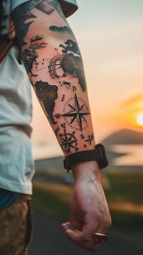 Detailed map and compass tattoo on arm against sunset, travel and adventure theme Adventure Tattoos For Men, Nautical Map Tattoo Design, Travel Tattoos Small, Nautical Themed Tattoos, Luca Tattoo, John Tattoo, World Travel Tattoos, Beards Tattoos, Personal Tattoos