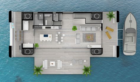 One possible layout of Arkup's floating homes. Image Credit: Arkup Floating Architecture, Rainwater Harvesting System, Solar Electric, Green Architecture, Floating House, Houseboat, Floating In Water, House Floor, Boat Plans