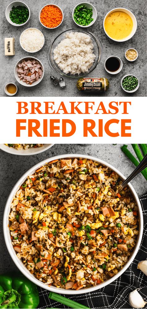 Black Rice Breakfast, Breakfast Egg Fried Rice, Fried Rice Sausage, Breakfast Fried Rice Sausage, Fried Rice Breakfast Bowl, Eggs With Rice Breakfast, Rice And Fried Egg, Bacon Fried Rice Recipe Easy, Egg Skillet Recipes Breakfast