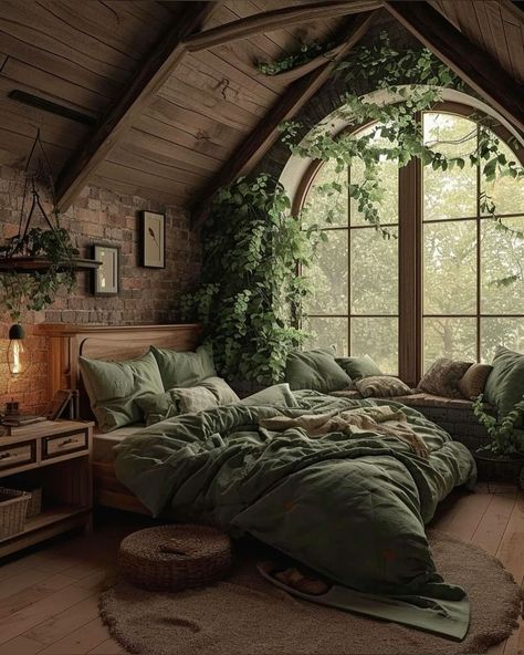 Forestry Room Aesthetic, Woodsy Room Aesthetic, Whimsical Cottage Interior, Goblin Core Bedroom, Comfy Core, Comfy Corner, Women Cave, Attic Windows, Room Improvement