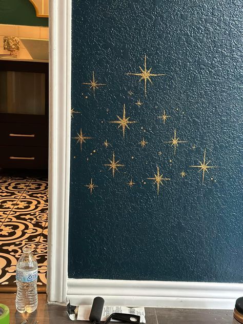 Celestial Ceiling Wallpaper, Night Sky Bathroom Ideas, Celestial Boho Living Room, Painted Library Paneling, Astronomy Inspired Bedroom, Boho Painted Ceiling, Starry Bathroom Ideas, Celestial House Aesthetic, Front Room Color Ideas