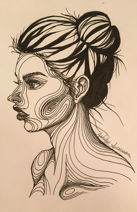 Line Drawing Portrait, Contour Hatching, Self Portrait Drawing Creative, Contour Hatching Drawing, Self Portrait Ideas Drawing, Linework Portrait, Stylized Portraits Drawing, Contour Line Portrait, Blind Contour Self Portrait