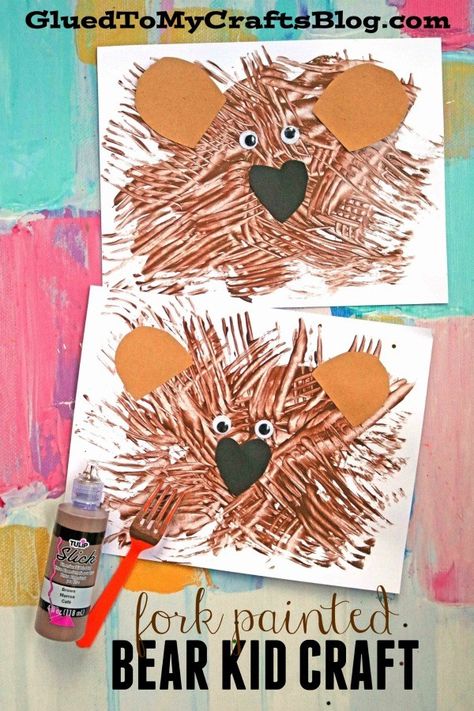 Fork Painted Teddy Bear - Kid Craft Bear Crafts Preschool, Bears Preschool, Camping Theme Preschool, Painted Bear, Teddy Bear Crafts, Bear Craft, Teddy Bear Day, Aktiviti Kanak-kanak, Goldilocks And The Three Bears