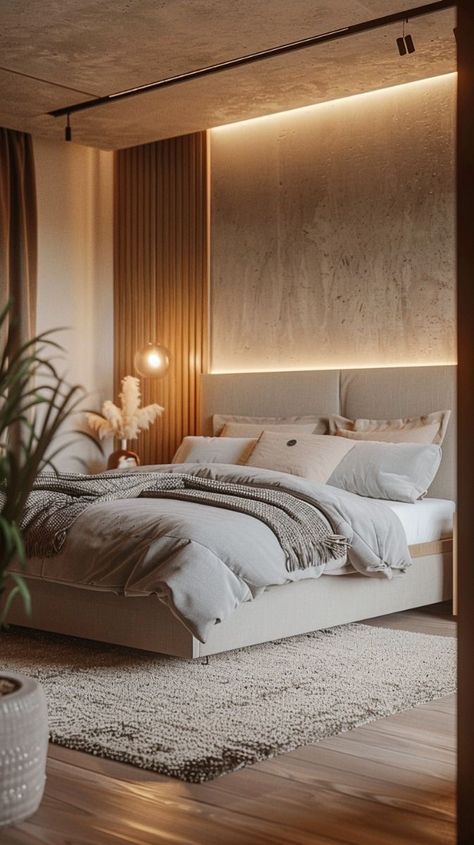 Luxury Wallpaper Bedroom, Bali Bedroom, Cuartos Aesthetic, Casa Aesthetic, Neutral Bedrooms, Bedroom Accent, Apartment Bedroom, Accent Wall Bedroom, Neutral Bedroom