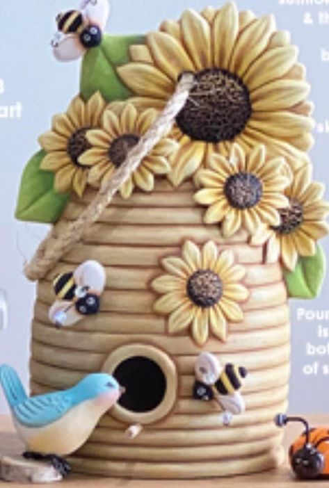 Clay Magics Large Bee Skep Birdhouse with bees in ceramic bisque ready to paint by jmdceramicsart Bee Skep Diy, Bisque Pottery, Ceramic Birdhouse, Bee Skep, Ceramic Molds, Bird Houses Painted, Clay Houses, Diy Ceramic, Kitchen Home Decor