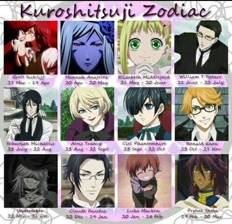 Kuroshitsuji Zodiac, Black Butler characters, text, Black Butler; Zodiac Signs Lau Black Bulter, Anime Questions, Black Butler Anime Sebastian, Lau Black Butler, Finny Black Butler, Anime Birthday, Birthday Scenario, Funny Black Butler Meme, Black Butler Meme