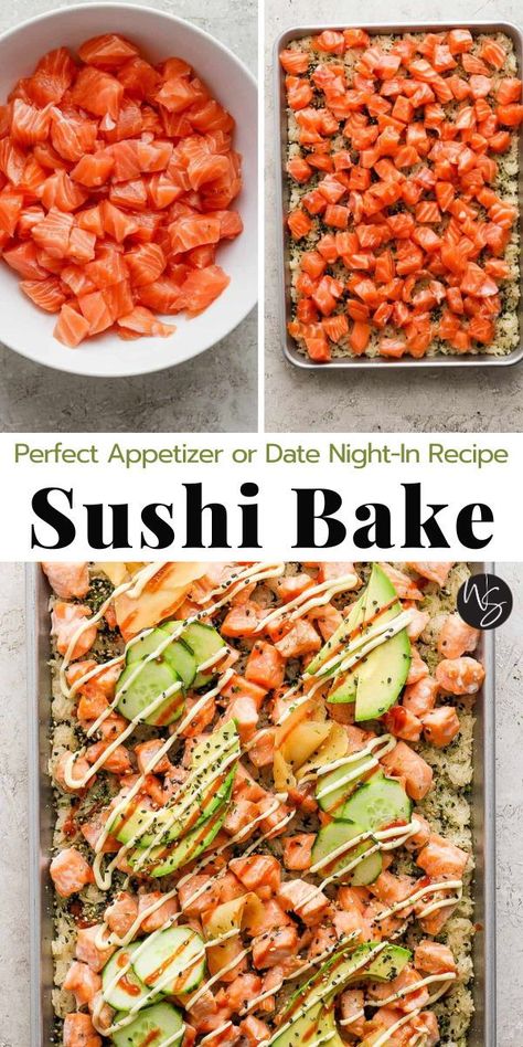 This easy Sushi Bake is fun to enjoy as an appetizer or share with your special someone for a date night-in! Made with tender salmon, slightly crispy rice, fresh veggies, and a drizzle of kewpie mayo. Definitely a fun twist on the classic sushi roll! Ahi Tuna Sushi Bake, Sushi Bake With Salmon, Sushi Baked Recipes, California Crunch Roll Sushi Recipe, Salmon Sushi Bake Recipe Easy, Simple Sushi Recipes, Sushi Bake Salmon, Hawaiian Sushi, Salmon Sushi Bake Recipe