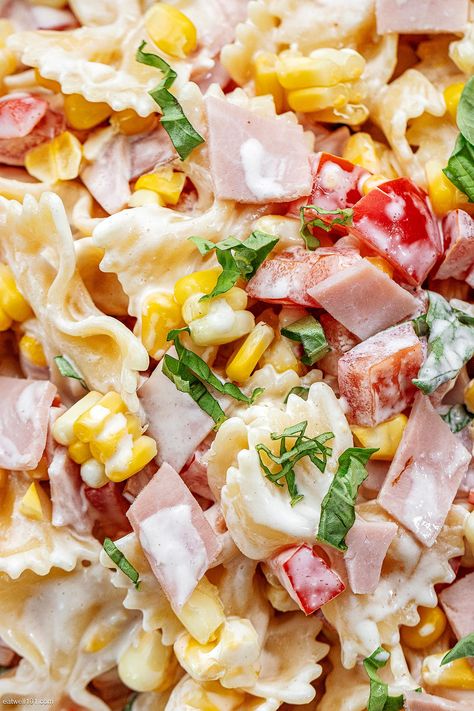 Pasta Salad Work Lunch, Meal Prep Pasta Salads, Ham Pasta Recipes Dinners, Ham And Corn Pasta Salad, Ham Ranch Pasta Salad, Lunch Ideas For Work Pasta, Ham Pasta Salad Recipes Cold, Pasta Salad With Ham Recipes, Pasta Recipes With Ham