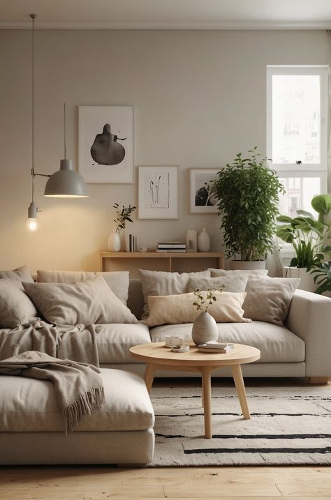 Scandinavian Apartment Decor Ideas, Nordic Home Decor Scandinavian Living, Scandinavian Living Room Minimalist, Swiss Apartment, Nordic Living Room Inspiration, Comfy Sofa Living Rooms, Tan Couch Living Room, Beige Room Decor, Cozy Scandinavian Living Room