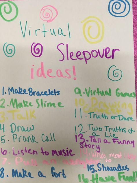 It says virtual but it works for a normal sleepover too! Virtual Sleepover, Slumber Party Foods, Sleepover Packing List, Slumber Party Activities, Sleepover Party Games, Sleepover Tips, Birthday Sleepover Ideas, Teen Sleepover, Girls Slumber Party