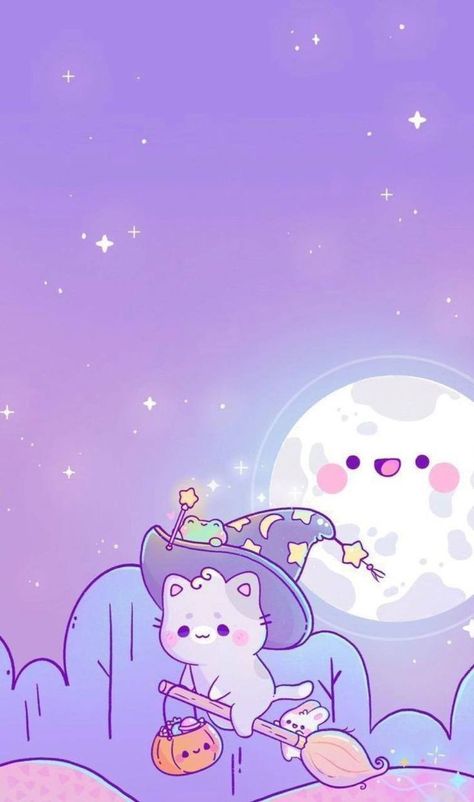 Cremechii Art Wallpaper, Witch Aesthetic Illustration, Kawaii Space Wallpaper, Halloween Kawaii Wallpaper, Kawaii Halloween Wallpaper, Pastel Halloween Aesthetic, Whats Wallpaper, Witch Wallpaper, Halloween Wallpaper Iphone Backgrounds