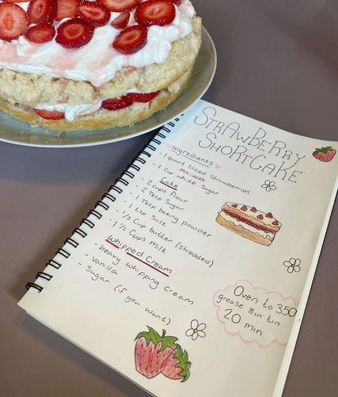 Strawberry Shortcake Recipe Aesthetic, Cook Book Journal Ideas, Baking Recipes Journal, Recipe Book Aesthetic, Aesthetic Recipe Book, Cottage Core Baking, Aesthetic Baking Recipes, Scrapbooking Recipes, Cottage Core Recipes