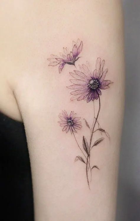 Aster Flower Tattoo - What Does it Mean? (Illustrated) Aster Flower Tattoo, Aster Tattoo, Aster Flower Tattoos, Violet Flower Tattoos, Larkspur Tattoo, Gladiolus Tattoo, Flower Shoulder Tattoo, Carnation Tattoo, Daffodil Tattoo