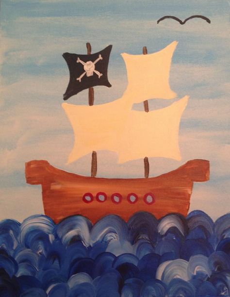 Pirate Ship Pirate Ship Painting Easy, Pirate Painting Ideas, Pirate Ship Painting, Pirate Ship Drawing, Pirate Ship Art, Pirate Art, Kids Painting, Art Camp, Kids Art Class