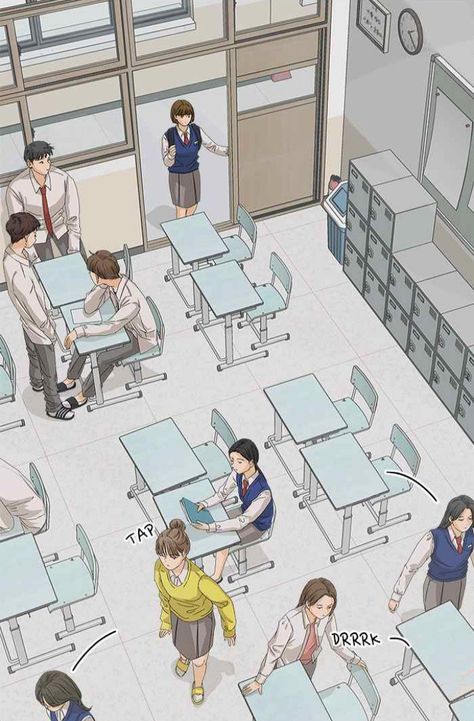 The Fox Club | Webtoon School Classroom Drawing Reference, Comic School Background, School Reference Pose, Classroom Perspective Drawing, Classroom Drawing Reference, Classroom Reference Drawing, Classroom Perspective, The Fox Club Webtoon, Fox Club Webtoon