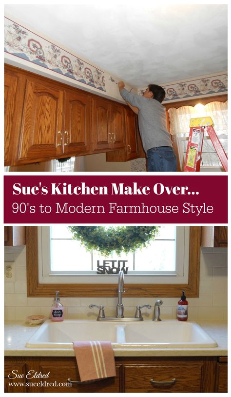 Taking our old 90's outdated kitchen and making it over into a modern farmhouse style on a budget.  From Sue's Creative Workshop www.sueeldred.com  #Kitchen #makeover #remodel #home #diy #farmhousedecor #farmhousekitchen #frenchcountry #homedecor #decorating Early 2000 Home Remodel, 90s Kitchen Makeover, Update 2000s Kitchen, Diy Kitchen Remodel On A Budget, 90s Kitchen Remodel Before And After, 90s House Remodel, 90s Kitchen Update, 70s Kitchen Makeover, 90s Farmhouse