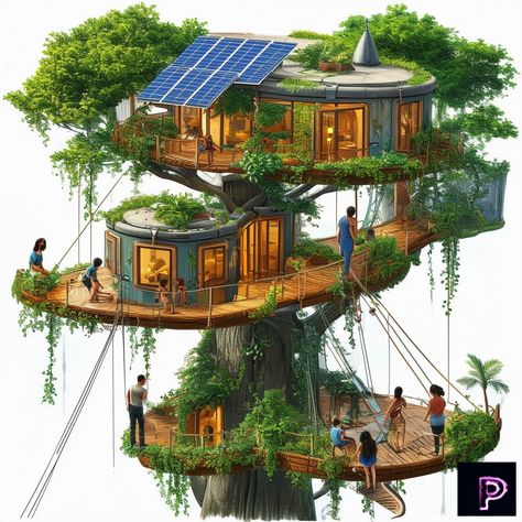 Step into an eco-friendly treehouse community nestled in the jungle canopy, where sustainability meets modern living. 🌿🏡   What green innovations will your art design today?   #AI #Art #PicassoAIArt #3DModeling #Treehouse #Sustainability Solarpunk Minecraft Builds, Biophyllic Architecture, Treehouse Community, Jungle Treehouse, Treehouse Village, Scifi Ideas, Jungle Canopy, Fantasy Journal, Tree Building