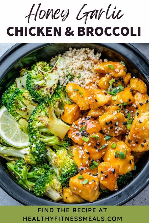 If you love to meal prep your meals you will love this easy honey garlic chicken & broccoli recipe! It’s so juicy and tasty, loaded with protein and fiber, and ready in just 30 minutes. Add about 1/2 cup of cooked quinoa to each meal prep bowl. Divide the broccoli and chicken among your bowls and arrange over the quinoa. Garnish with green onions, sesame seeds, and lime wedges. Refrigerate for up to 4 days. Serve cold or reheated, as desired. Chicken Broccoli Bowls Healthy, Chicken Broccoli Quinoa Bowl, Chicken Rice Lettuce Bowls, Low Sodium Chicken And Broccoli, Chicken And Broccoli Quinoa, Healthy Chicken Quinoa Recipes, Quick Reheatable Meals, High Protein Broccoli Recipes, Meal Prep With Broccoli