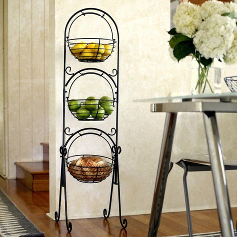 Mesa Home Scroll Three Tier Floor Standing Basket $79.99 Organizing Storage, Floor Baskets, Fruit And Vegetable Storage, Fruit Baskets, Vegetable Storage, Fruit Stands, Metal Rack, Iron Furniture, Iron Decor