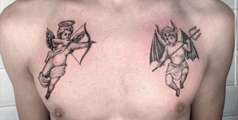 Demon And Angel Tattoo, Bad Angel Tattoo Design, Demon Angel Tattoo, Angel Shoulder Tattoo Men, Demon Cherub Tattoo, Bad Angel Tattoo, Angel Tattoo On Chest, 3 Cherub Angel Tattoo Designs, Angel And Devil Cherub Tattoo