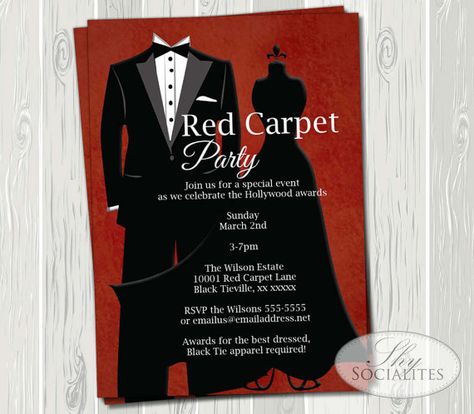 Black Tie Invitations for a Red Carpet Party! Would be a great idea for the Burlamatta Red Carpet Gala Dinner! Red Carpet Party Invitations, Black Tie Invitation, Red Carpet Invitations, Fashion Show Party, Red Carpet Party, Hollywood Party, Red Carpets, Invitation Wording, Black Tie