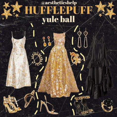 Hufflepuff Dress Aesthetic, Yule Ball Hufflepuff, Hufflepuff Outfit Yule Ball, Hufflepuff Yule Ball Gowns, Yule Ball Dress Hufflepuff, Hufflepuff Aesthetic Outfits, Yule Ball Aesthetic, Hufflepuff Dress, Yule Ball Dresses