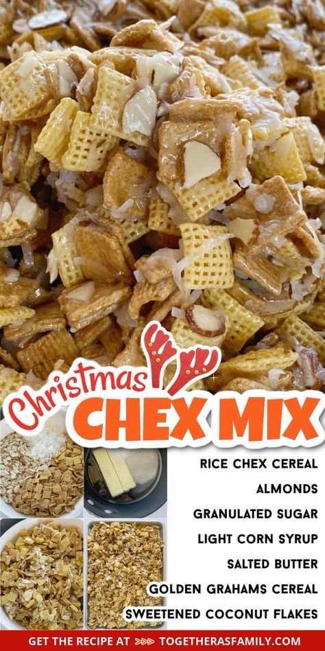 A picture of Chex mix plus a picture with the steps needed to make it. Text box with the title of the recipe in the center and a list of ingredients needed. Chex Mix Recipes Christmas, Christmas Chex Mix, Chex Mix Recipes Sweet, Christmas Snack Mix, Chex Recipes, Sweet Chex Mix, Sweet Chex, Chex Mix Christmas, Chex Mix Recipe