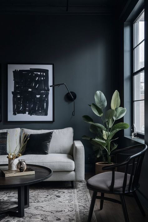 Transform your space with these 11 dark and moody paint colors for your living room! Perfect for creating a sophisticated and cozy atmosphere.  #MoodyColorsLivingRoom #DarkMoodyLivingRoomPaintColors #DarkPaintedWallsLivingRoom #HomeDecor Dark Paint Living Room Cozy, Living Room Dark Walls Colour Schemes, Bonus Room Paint Ideas, Dark Grey Walls Living Room Decor, Dark Gray Curtains Living Room, Dark Home Office Paint Colors, Dark Green Gray Paint Colors, Black Paint Living Room, Dark Gray Living Room Walls