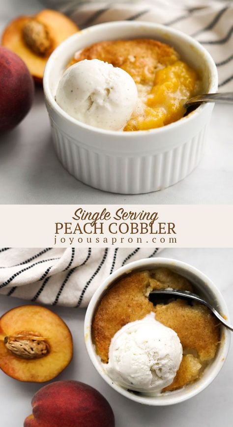 Single Serving Peach Cobbler - the perfect individual dessert for the summer! Peaches baked with a caramelized cake topping combined with vanilla ice cream. Yummy, easy and portion control! #dessert #peach #sweets #summer #cobbler #fruit #recipe #joyousapron Thermomix, Ramikin Recipes Dessert, Summer Cobbler, Peaches Baked, Mini Peach Cobbler, Ramekin Dessert, Mug Dessert Recipes, Joyous Apron, Ramekin Recipe