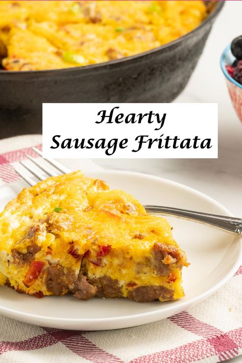 Sausage Frittata is a hearty egg casserole cooked in a cast iron skillet or other oven-safe fry pan. It is filled with sausages, savory vegetables and lots of melty cheese that your family will enjoy.  Add a salad or some delicious rolls or muffins and your frittata will be perfect for a light, healthy supper or a Mother's Day Brunch. Meat Lovers Frittata, Sausage And Cheese Frittata, Sausage And Pepper Frittata, Frittata Recipes With Sausage, Cast Iron Egg Frittata, Italian Sausage Egg Bake, Sausage Quiche Recipes Crustless, Egg Skillet Recipes, Sausage Frittata Recipes