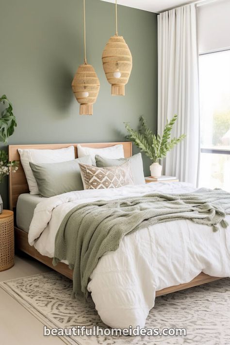 29 Beautiful Sage Green Bedroom Ideas - Beautiful Home Ideas Sage Green And Oatmeal Bedroom, Sage Green Sheets Bedding, Ivory Green Bedroom, Master Bedrooms Decor Green Accent Wall, Duvet Covers Sage Green, Neutral Room With Plants, Bedroom Green Gold White, Eucalyptus Color Bedroom, Light Green Coastal Bedroom