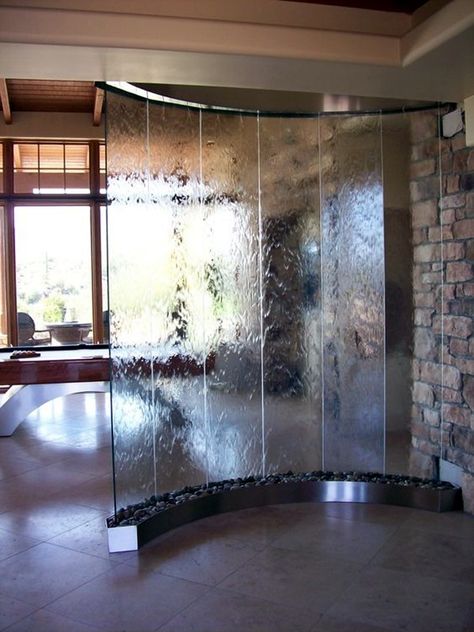 Relaxing Indoor Fountain Ideas (32) Indoor Waterfall Wall, Indoor Waterfall Fountain, Indoor Wall Fountains, Water Wall Fountain, Taman Air, Indoor Water Features, Tabletop Water Fountain, Living Room Divider, Indoor Water Fountains