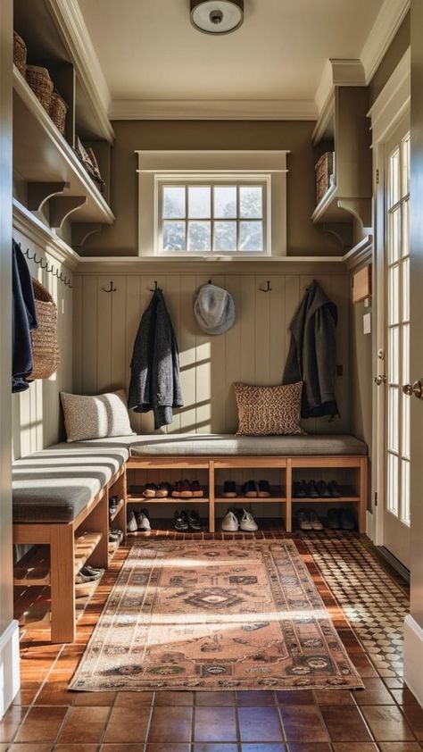 Cabin Mud Room Ideas, Modern Classic Mudroom, Mudroom Layout Ideas, Cabin Mudroom Ideas, Outside Mudroom, Mudroom Design Layout, Mud Room Shoes Storage Ideas, Mudroom With Window, Large Mudroom Ideas Entryway