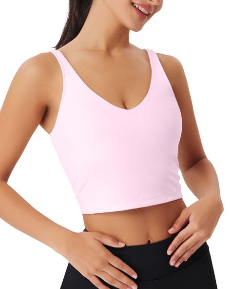 PRICES MAY VARY. ♥MATERIAL of Womens Sports Bras: 80% Nylon,20% Spandex. The Workout Tops Sport Bra is soft, 4-way high-stretch fabric, of moderate thickness and breathable, skin-friendly, lightweight, quick dry, double-sided, Moisture-wicking and on-trend athletic. Workout tank top keeps cool by air circulate, maintains shape and color after wash and activewear. There’s enough underarm room of the elastic crop top for exercise. This long line supportive bra top has a skin-like fit, feels like n Pink Sports Top, Shirts With Built In Bras, Cute Summer Athletic Outfits, Cute Workout Fits, Cute Sports Bras, Elastic Crop Top, Longline Bras, Yoga Workout Clothes, Gym Crop Top