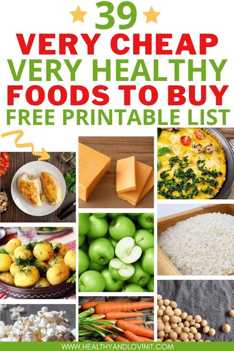 This cheap healthy grocery list will help your grocery budget to go way down while your health goes up. These are the healthiest foods you can buy on a budget. Grab the free printable clean eating healthy grocery list. When you are making your families menu plan, this list can help you make frugal choices! grocery shopping basic foods to buy at the grocery store Grocery List To Lose 20 Pounds, Single Mom Grocery List, List Of Non Starchy Vegetables, Clean Eating Grocery List On A Budget, Food Shopping List Budget, Healthy Grocery List On A Budget, Budget Healthy Grocery List, Cheap Healthy Grocery List, Healthy Grocery Lists