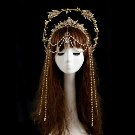 Women Halo Crown Gold Headband Virgin Mary Tiaras Headpiece Wedding Party | eBay Halo Crown Wedding Veil, Egyptian Goddess Headdress, Dangling Headpiece, Viking Crown Queens, Wire Wrap Tiara, Wedding Crown Gold, Fantasy Jewelry Headpieces, Head Dress Headpieces, Witchy Headpiece