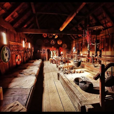 Viking House Interior Concept Art, Viking Style Home, Viking Longhouse Interior, Viking Aesthetic Home, Nordic Longhouse, Viking Village Aesthetic, Viking Style House, Longhouse Interior, Viking Long House