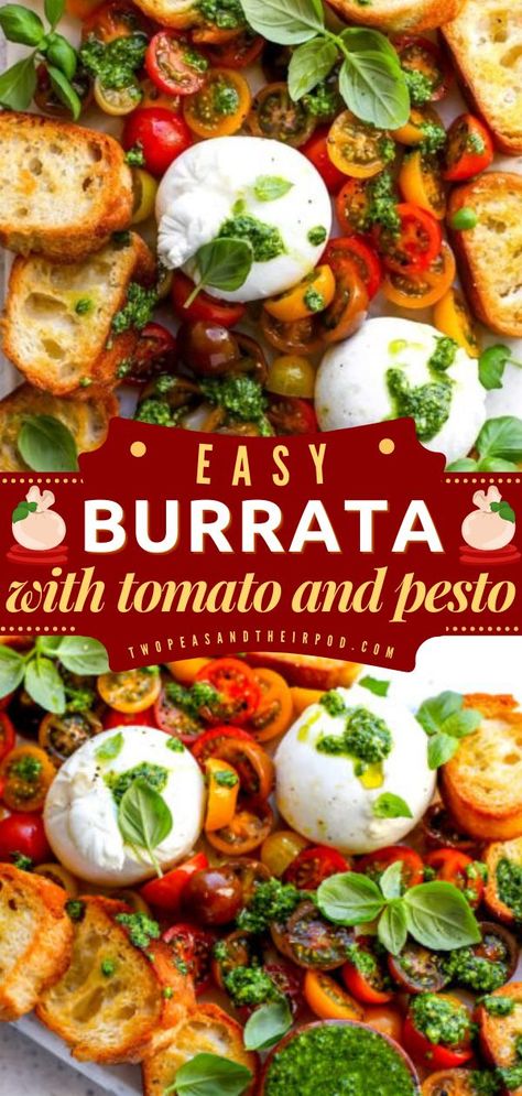 Burrata with Tomatoes & Pesto, Gameday food, Gameday appetizer recipes Summer Vegetarian Appetizers, Pesto Appetizer Recipes, Easy Memorial Day Food, Garlic Toasts, Pesto Appetizers, Memorial Day Food, Eid Moubarak, Burrata Recipe, Greek Diet