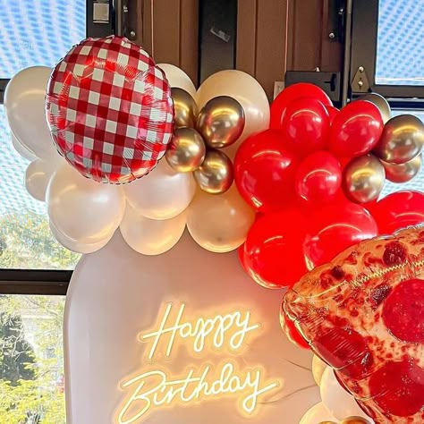 Pizza Party Balloon Arch, Pizza Party Balloons, Pizza Party Balloon Garland, Pizza Balloon Garland, Pizza Balloon Arch, Italian Balloon Arch, Slice Of Fun Turning One, First Birthday Pizza Party Theme, Pizza Themed 1st Birthday Party