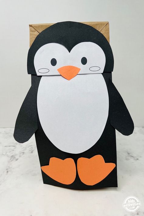 Penguin Paper Bag Puppet, Penguin Puppets Paper Bags, Paper Bag Winter Crafts For Kids, Penguin Puppet Craft, Paper Bag Puppet Ideas, Penguin Crafts For Kids, Penguin Puppet, Penguin Template, 2025 Crafts