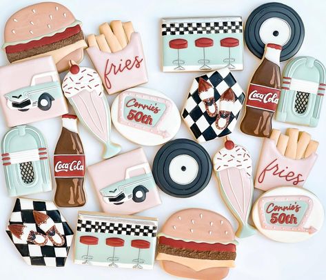 Olivia Russell (@sugaredbyliv) • Instagram photos and videos 50s Cookies, Grease Cake, Retro Cookies, Diner Party, Car Cookies, Sugar Cookie Cakes, 50s Party, Food Cookies, 50s Retro