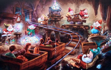 Seven Dwarfs Mine Train concept art Train Concept Art, Train Concept, Disney Mural, Thomas Kinkade Disney, Seven Dwarfs Mine Train, Disney World Rides, Disney Imagineering, The Seven Dwarfs, Disney Concept Art