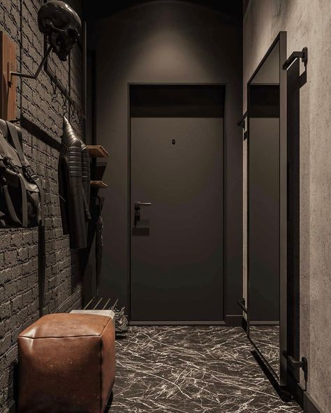 Mancave Interior Design, Mancave Interior, Industrial Hallway, Modern Room Design, Design Hall, Loft Interior, Home Hall Design, Black Interior Design, Archi Design