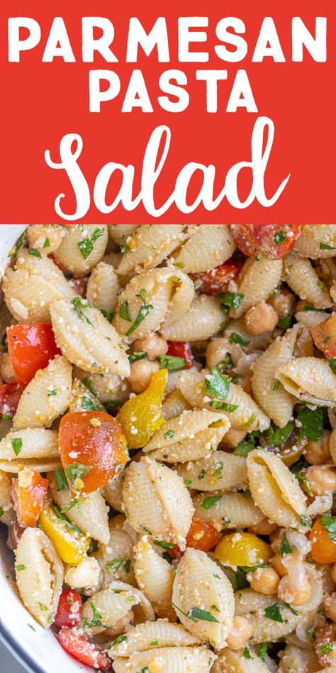 This Herby Parmesan Tomato Pasta Salad is fresh and flavorful but also hearty and cozy. It's great for a vegetarian lunch, dinner or side dish for a holiday or potluck! It's quick and easy to make and only requires a few simple ingredients. #pastasalad #parmesanpasta #vegetariandinner #easyrecipe Pasta Salad With Shell Pasta, Creamy Parmesan Pasta Salad, Pasta Salad With Shells, Pasta Salad With Parmesan Cheese, Shell Pasta Salad Recipes, Shell Pasta Salad, Light Pasta Salad, Parmesan Pasta Salad, Vegetarian Pasta Salad