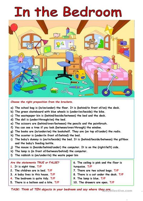 In the bedroom - English ESL Worksheets for distance learning and physical classrooms Proposition Worksheet For Kids, Bedroom Worksheet, Esl Worksheets For Kids, Esl Activities For Kids, Bedroom Activities, Preposition Activities, English Activities For Kids, Teaching English Online, Esl Activities